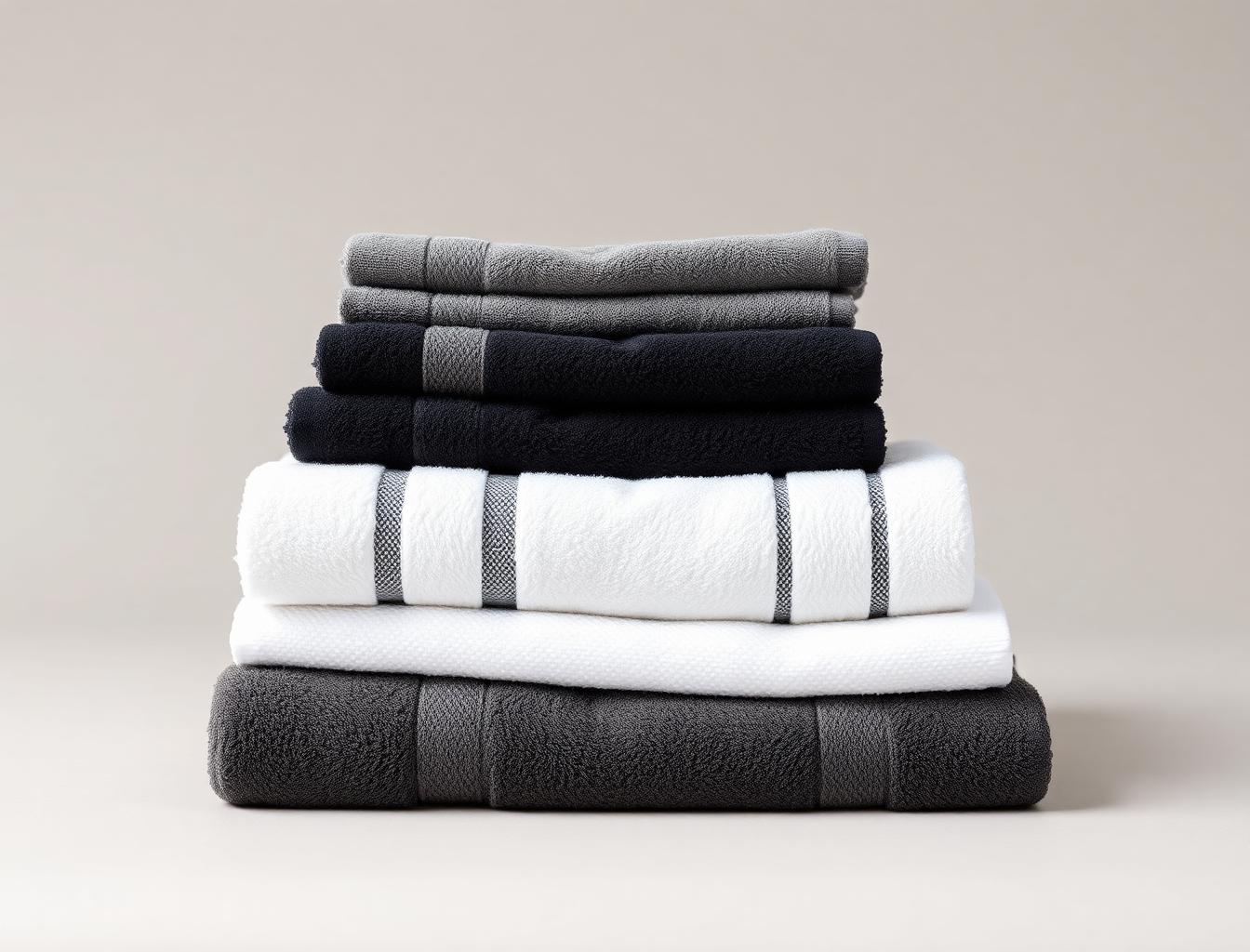 The complete 6-piece bath towel set: two grey, two black and two white folded bath sheets
